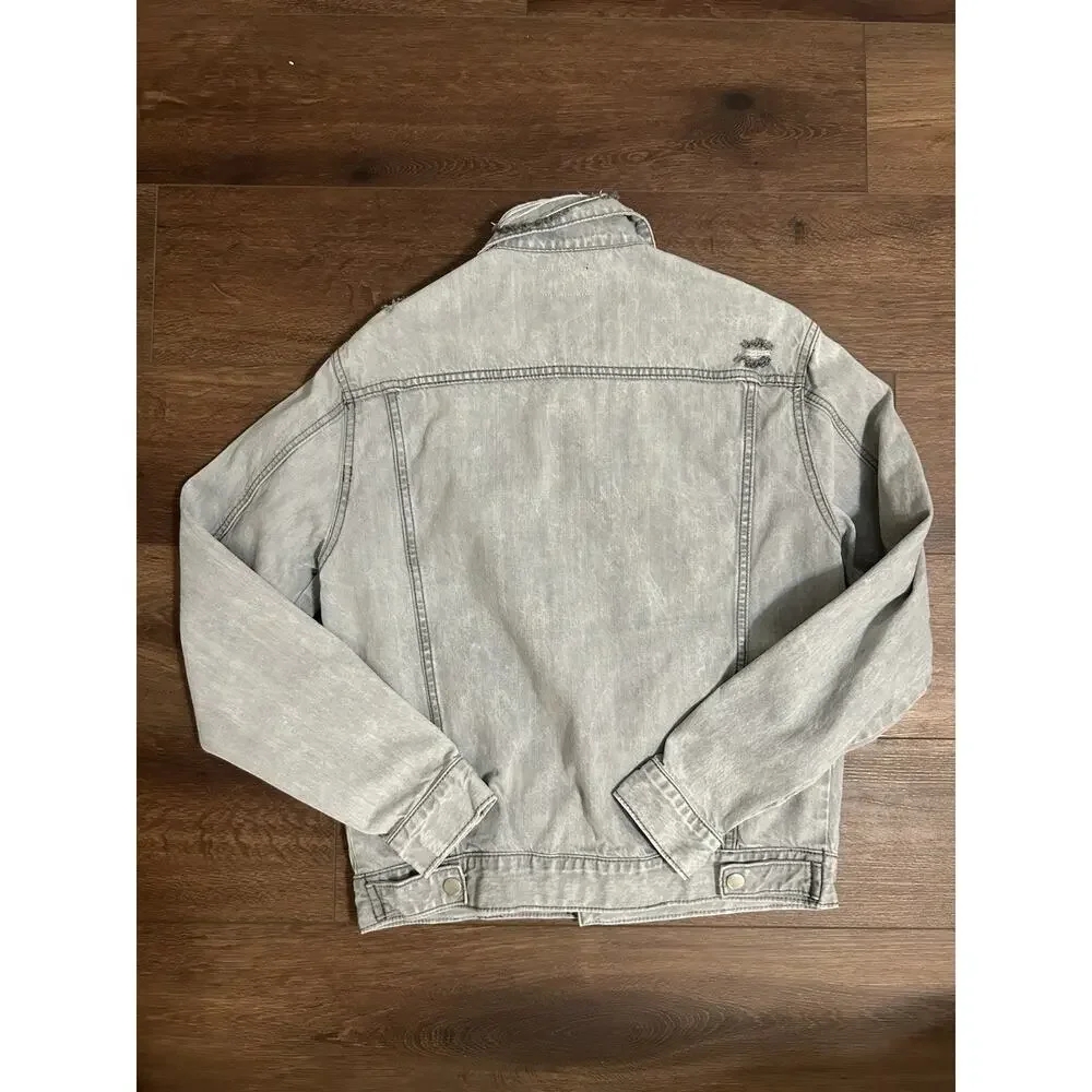 FOREVER 21 Mens Distressed Denim Jacket Light Gray Collared Pockets Size Small